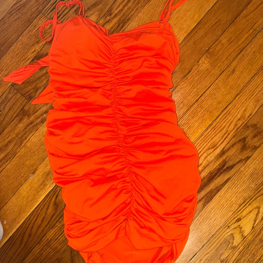Orange fitted tie front cutout dress